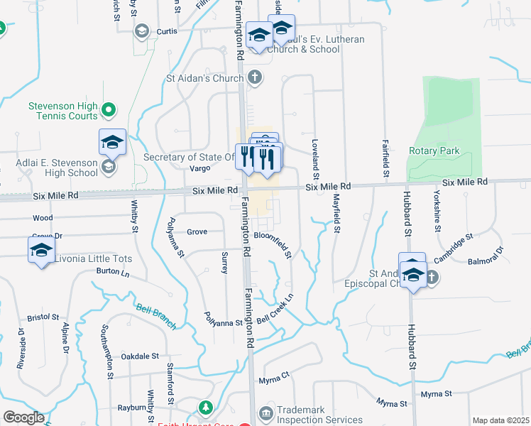 map of restaurants, bars, coffee shops, grocery stores, and more near 16996 Farmington Road in Livonia