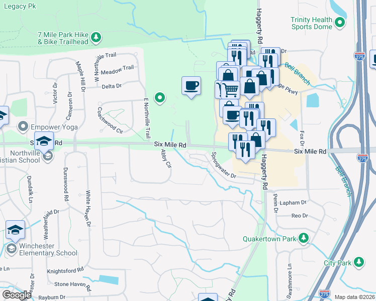 map of restaurants, bars, coffee shops, grocery stores, and more near 39679 Springwater Drive in Northville