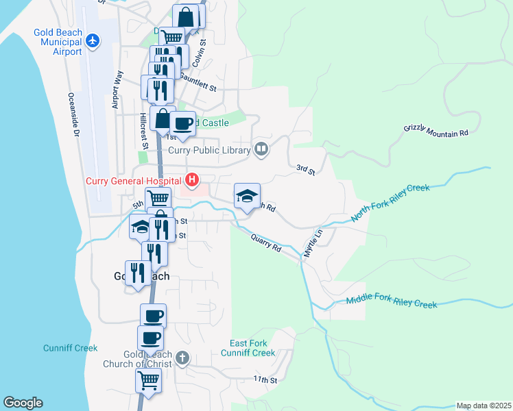 map of restaurants, bars, coffee shops, grocery stores, and more near 94330 Coldiron Hill Road in Gold Beach