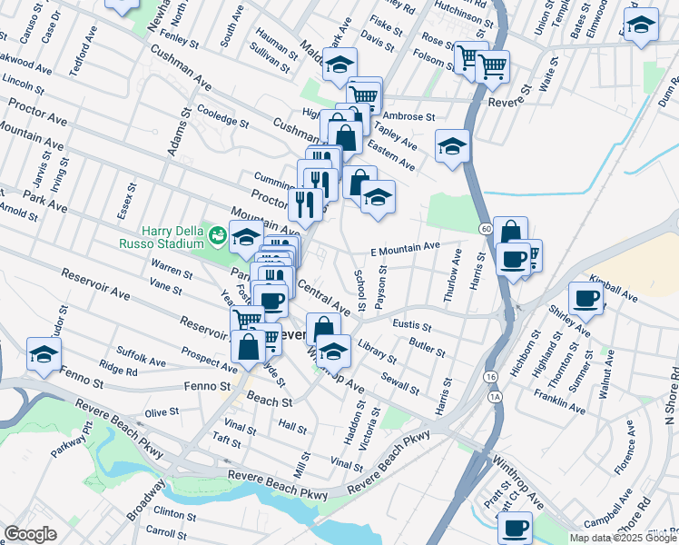 map of restaurants, bars, coffee shops, grocery stores, and more near 14 Grand Avenue in Revere