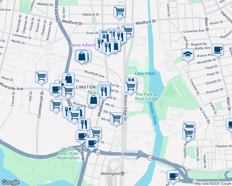 map of restaurants, bars, coffee shops, grocery stores, and more near 4 1st Street in Medford