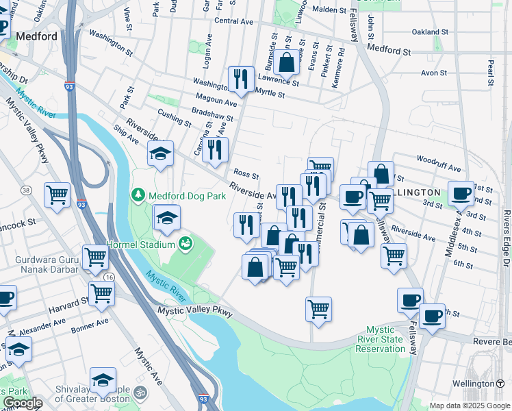 map of restaurants, bars, coffee shops, grocery stores, and more near 373 Riverside Avenue in Medford