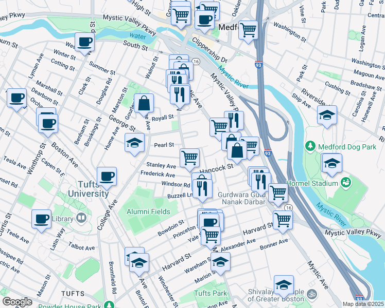map of restaurants, bars, coffee shops, grocery stores, and more near 22 Hancock Avenue in Medford