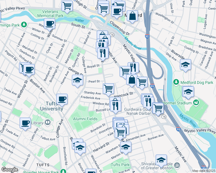 map of restaurants, bars, coffee shops, grocery stores, and more near 229 Main Street in Medford