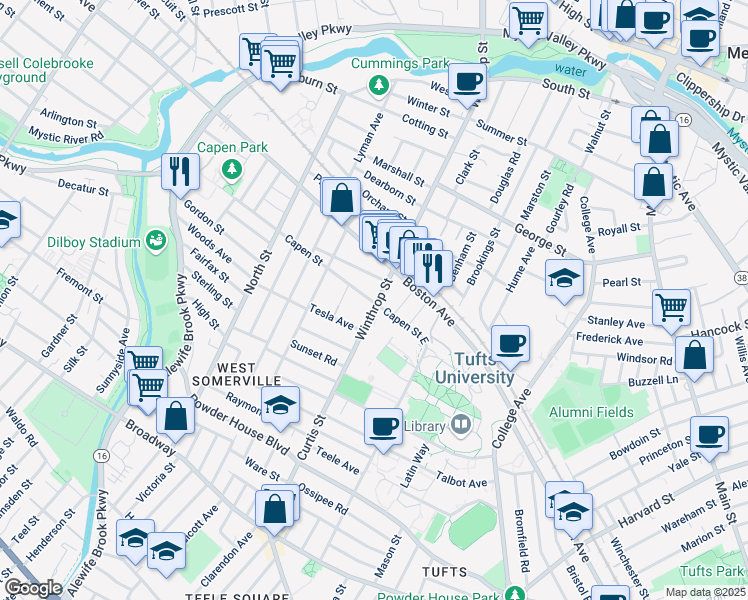 map of restaurants, bars, coffee shops, grocery stores, and more near 48 Winthrop Street in Medford