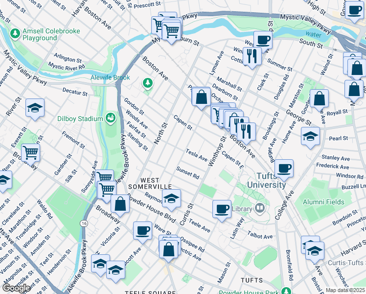 map of restaurants, bars, coffee shops, grocery stores, and more near 52 Adams Street in Medford