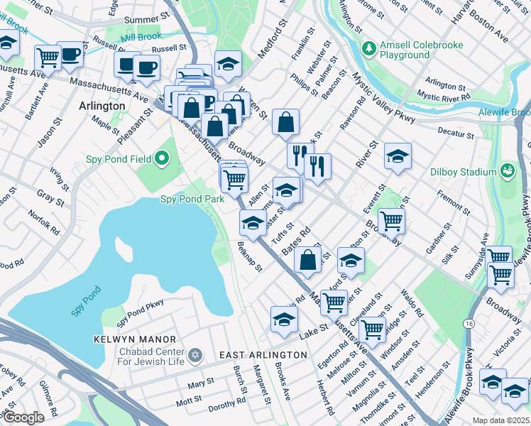 map of restaurants, bars, coffee shops, grocery stores, and more near 28 Adams Street in Arlington