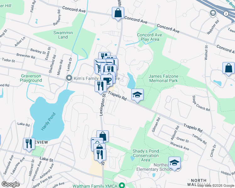 map of restaurants, bars, coffee shops, grocery stores, and more near 985 Trapelo Road in Waltham