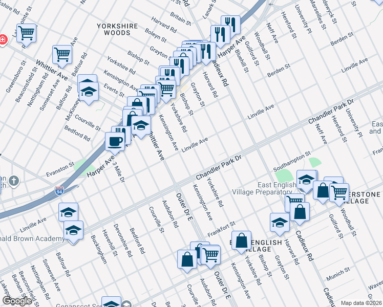 map of restaurants, bars, coffee shops, grocery stores, and more near 5800 Yorkshire Road in Detroit