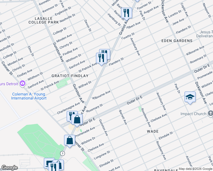 map of restaurants, bars, coffee shops, grocery stores, and more near 11919 Glenfield Avenue in Detroit