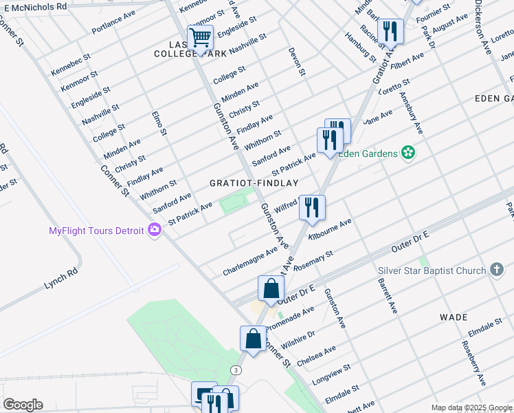 map of restaurants, bars, coffee shops, grocery stores, and more near 11557 Flanders Street in Detroit