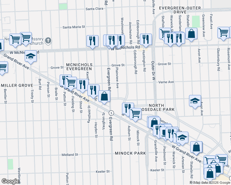 map of restaurants, bars, coffee shops, grocery stores, and more near 16560 Plainview Avenue in Detroit
