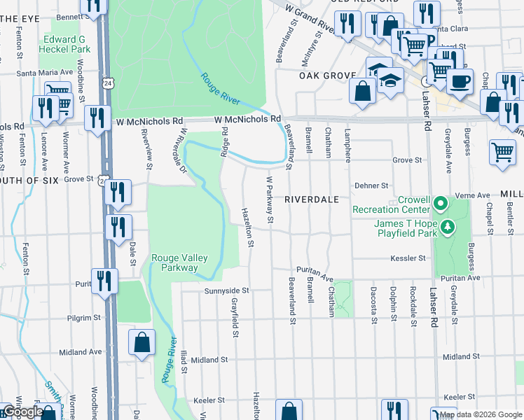 map of restaurants, bars, coffee shops, grocery stores, and more near 16570 Hazelton Street in Detroit