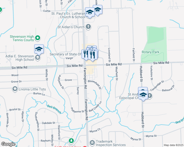 map of restaurants, bars, coffee shops, grocery stores, and more near 16996 Farmington Road in Livonia