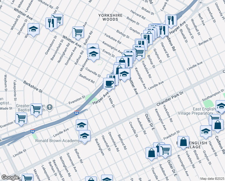map of restaurants, bars, coffee shops, grocery stores, and more near in Detroit