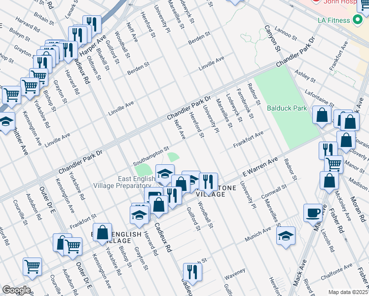 map of restaurants, bars, coffee shops, grocery stores, and more near 5285 Neff Avenue in Detroit