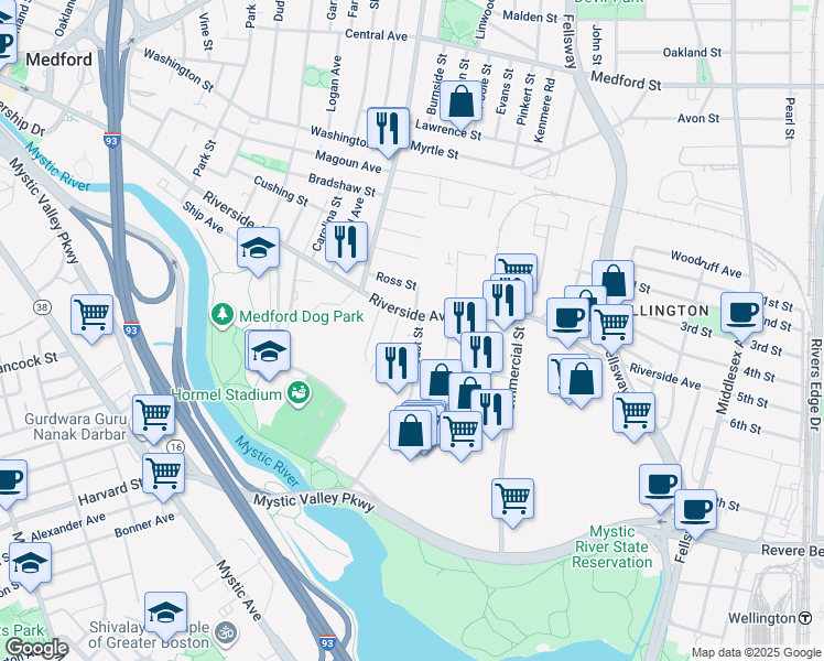 map of restaurants, bars, coffee shops, grocery stores, and more near 373 Riverside Avenue in Medford