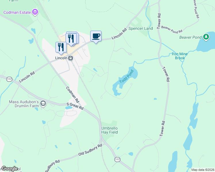 map of restaurants, bars, coffee shops, grocery stores, and more near 69 Todd Pond Road in Lincoln
