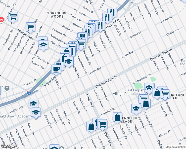 map of restaurants, bars, coffee shops, grocery stores, and more near 5800 Yorkshire Road in Detroit