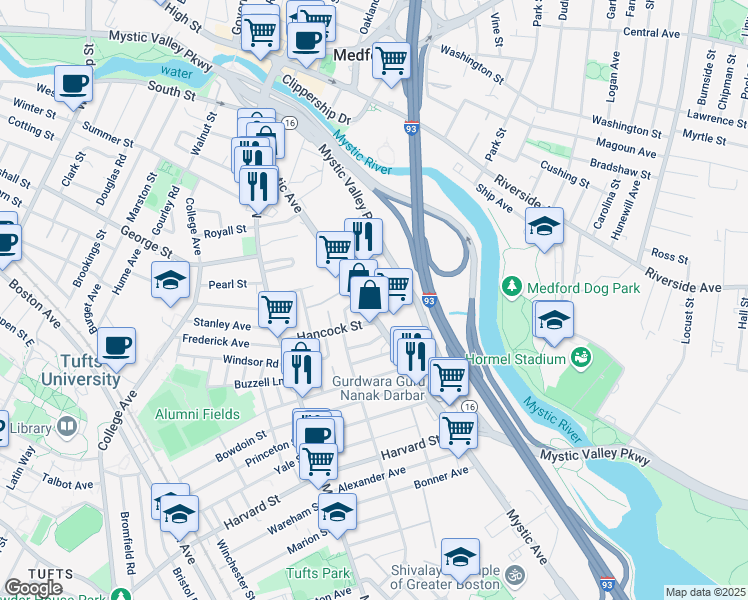 map of restaurants, bars, coffee shops, grocery stores, and more near 134 Mystic Avenue in Medford