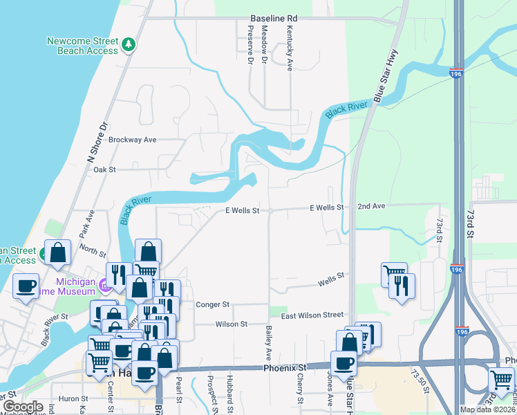 map of restaurants, bars, coffee shops, grocery stores, and more near 45 Bailey Avenue in South Haven