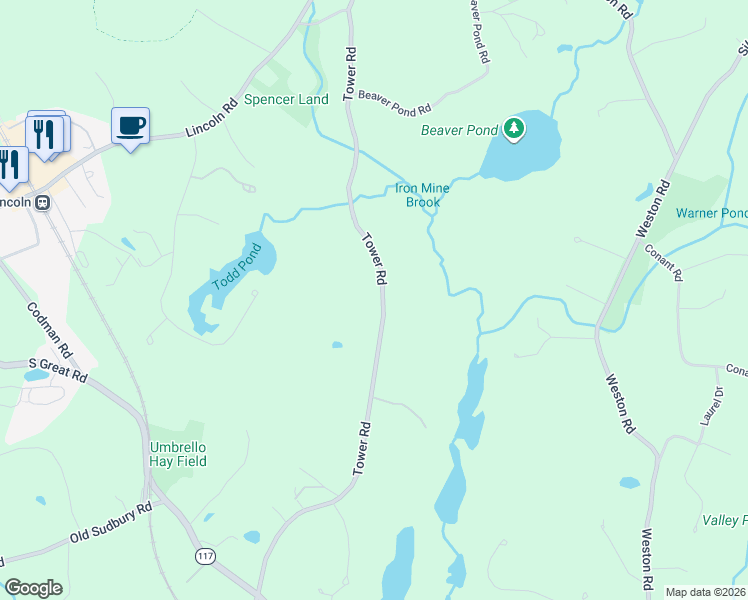 map of restaurants, bars, coffee shops, grocery stores, and more near 99 Tower Road in Lincoln
