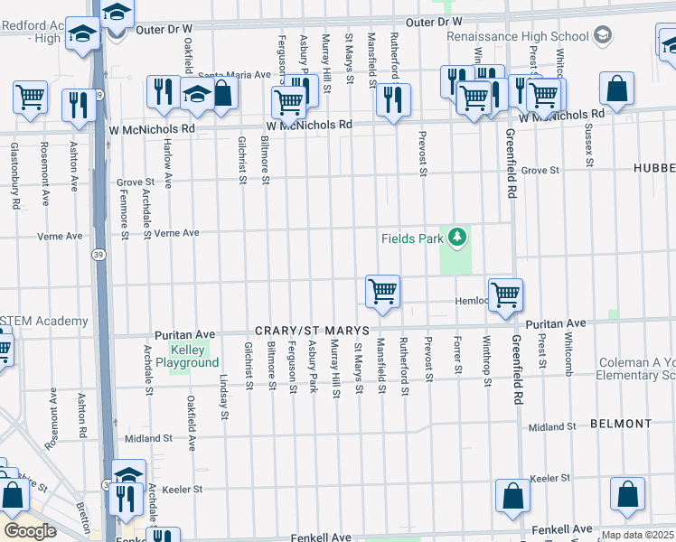 map of restaurants, bars, coffee shops, grocery stores, and more near 16516 Murray Hill Street in Detroit