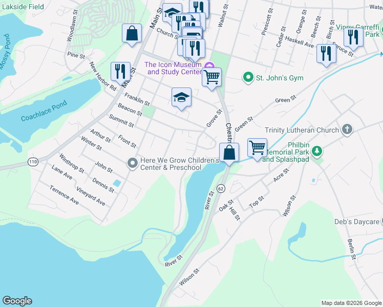 map of restaurants, bars, coffee shops, grocery stores, and more near 125 Grove Street in Clinton