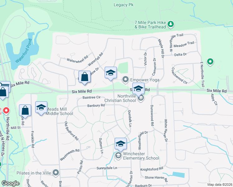 map of restaurants, bars, coffee shops, grocery stores, and more near 17022 Winchester Drive in Northville