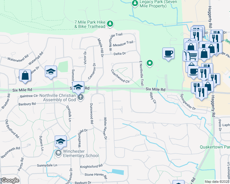 map of restaurants, bars, coffee shops, grocery stores, and more near 17066 Country Knoll Drive in Northville