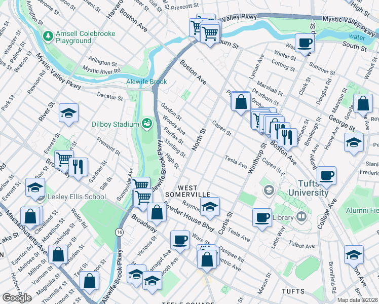 map of restaurants, bars, coffee shops, grocery stores, and more near 15 Fairfax Street in Somerville