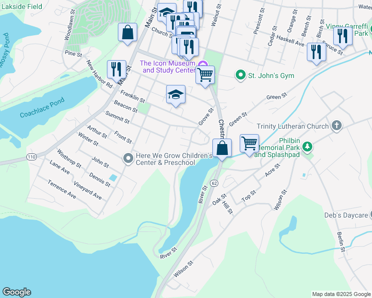 map of restaurants, bars, coffee shops, grocery stores, and more near 22 Ledge Court in Clinton