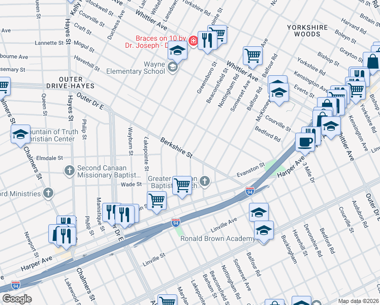 map of restaurants, bars, coffee shops, grocery stores, and more near 9819 Nottingham Road in Detroit