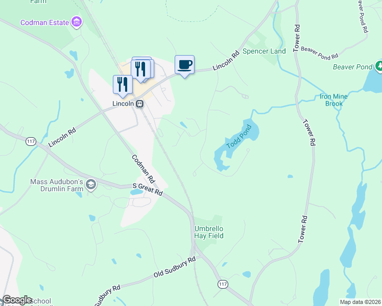 map of restaurants, bars, coffee shops, grocery stores, and more near 69 Todd Pond Road in Lincoln
