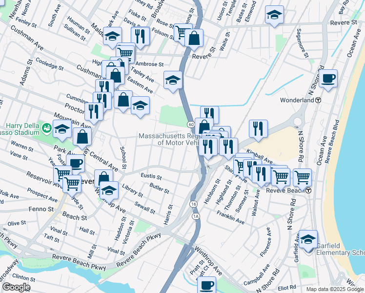 map of restaurants, bars, coffee shops, grocery stores, and more near 65 Thurlow Avenue in Revere
