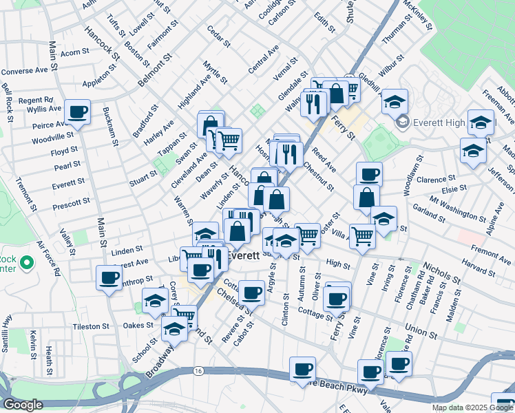 map of restaurants, bars, coffee shops, grocery stores, and more near 577 Broadway in Everett