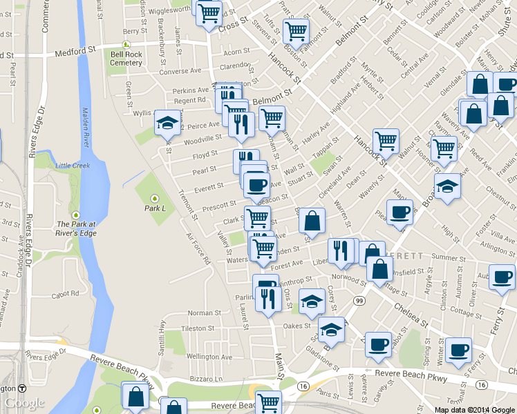 map of restaurants, bars, coffee shops, grocery stores, and more near 293 Main Street in Everett