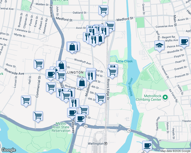 map of restaurants, bars, coffee shops, grocery stores, and more near 35 2nd Street in Medford