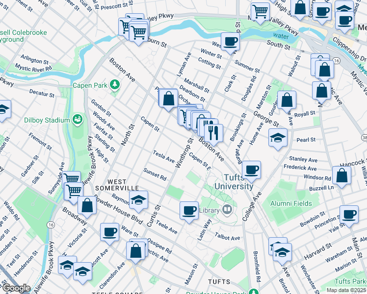 map of restaurants, bars, coffee shops, grocery stores, and more near 48 Winthrop Street in Medford