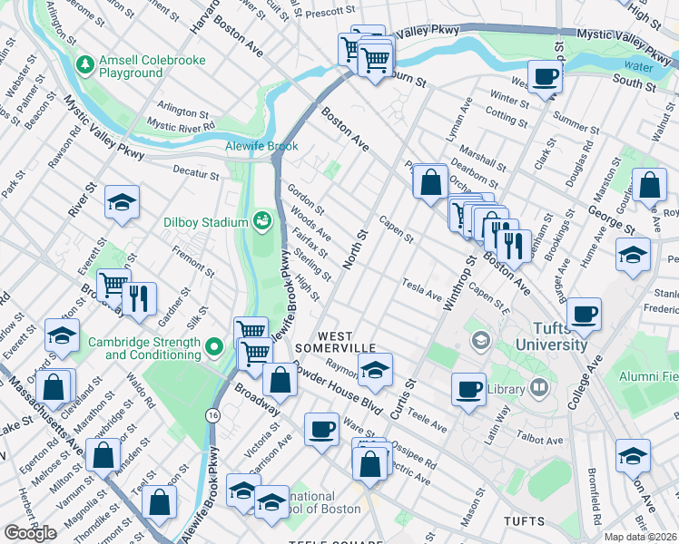 map of restaurants, bars, coffee shops, grocery stores, and more near 15 Fairfax Street in Somerville