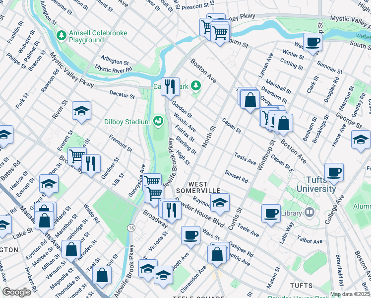 map of restaurants, bars, coffee shops, grocery stores, and more near 44 Sterling Street in Somerville