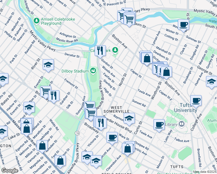map of restaurants, bars, coffee shops, grocery stores, and more near 44 Sterling Street in Somerville