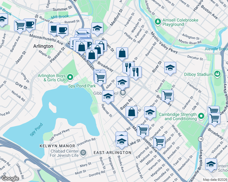 map of restaurants, bars, coffee shops, grocery stores, and more near 28 Adams Street in Arlington