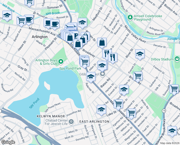 map of restaurants, bars, coffee shops, grocery stores, and more near 339 Massachusetts Avenue in Arlington
