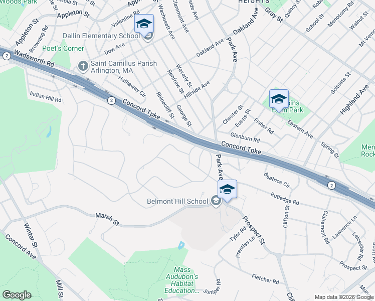 map of restaurants, bars, coffee shops, grocery stores, and more near 108 Village Hill Road in Belmont