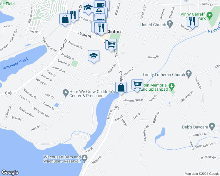 map of restaurants, bars, coffee shops, grocery stores, and more near 16 California Court in Clinton