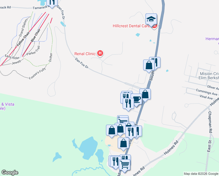 map of restaurants, bars, coffee shops, grocery stores, and more near 101 Dan Fox Drive in Pittsfield