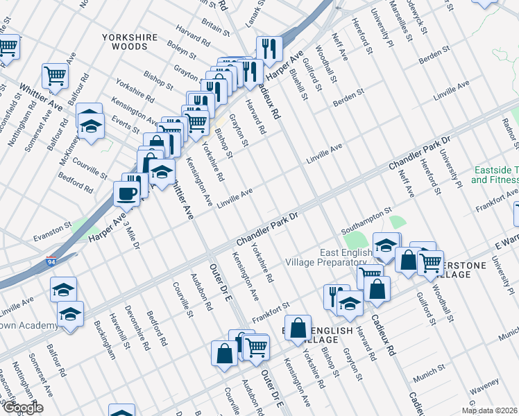 map of restaurants, bars, coffee shops, grocery stores, and more near 5767 Grayton Street in Detroit