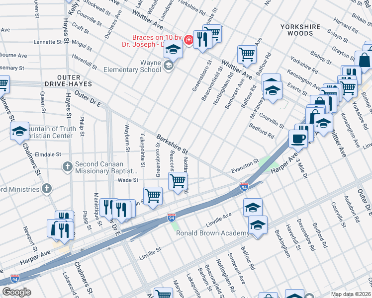 map of restaurants, bars, coffee shops, grocery stores, and more near 9819 Nottingham Road in Detroit