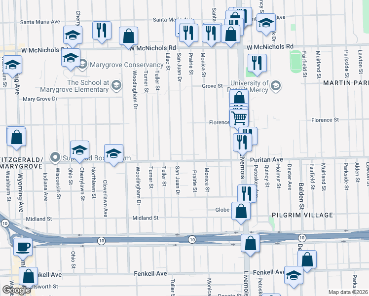 map of restaurants, bars, coffee shops, grocery stores, and more near 16177 Prairie Street in Detroit